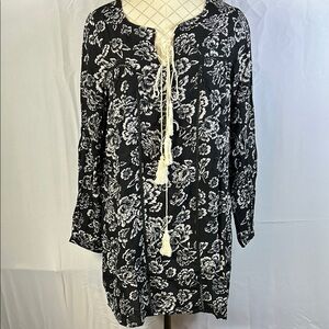 Hayden Black and White Floral Midi Dress with Tassel Tie Size Small